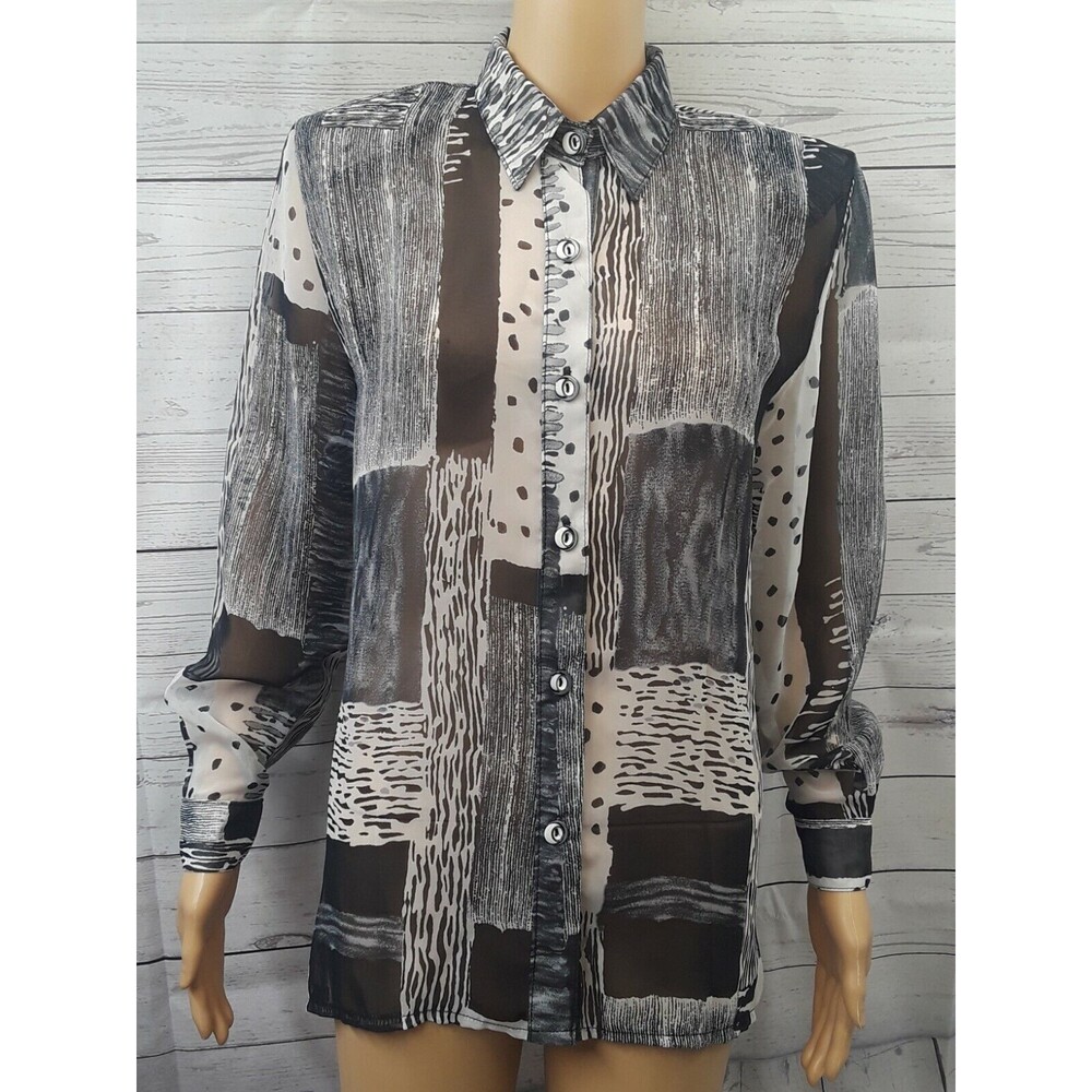 Seasuns Blouse Top Sheer Black White Sz S Long Sleeve Button Front Color block